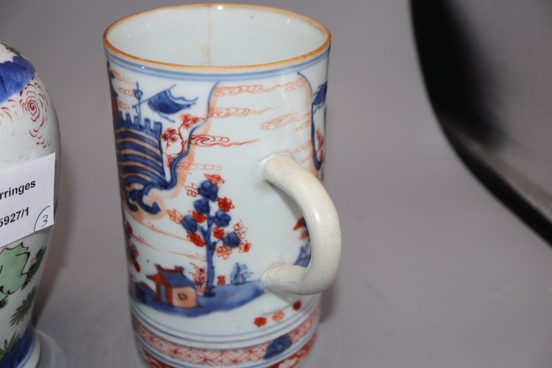 A Chinese famille verte wucai vase, a Chinese blue and white and an Imari mug, tallest 18cm